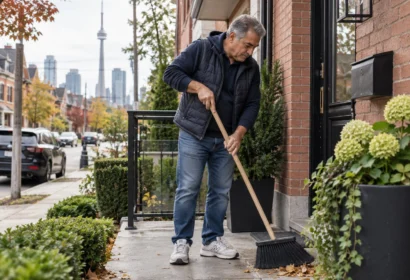 landlord cleaning up his property in Toronto. red brick house with hydrangea plant.