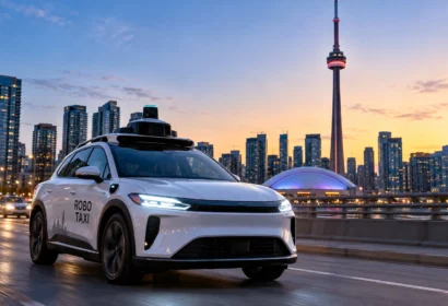 robo taxi driving in Toronto at sunset